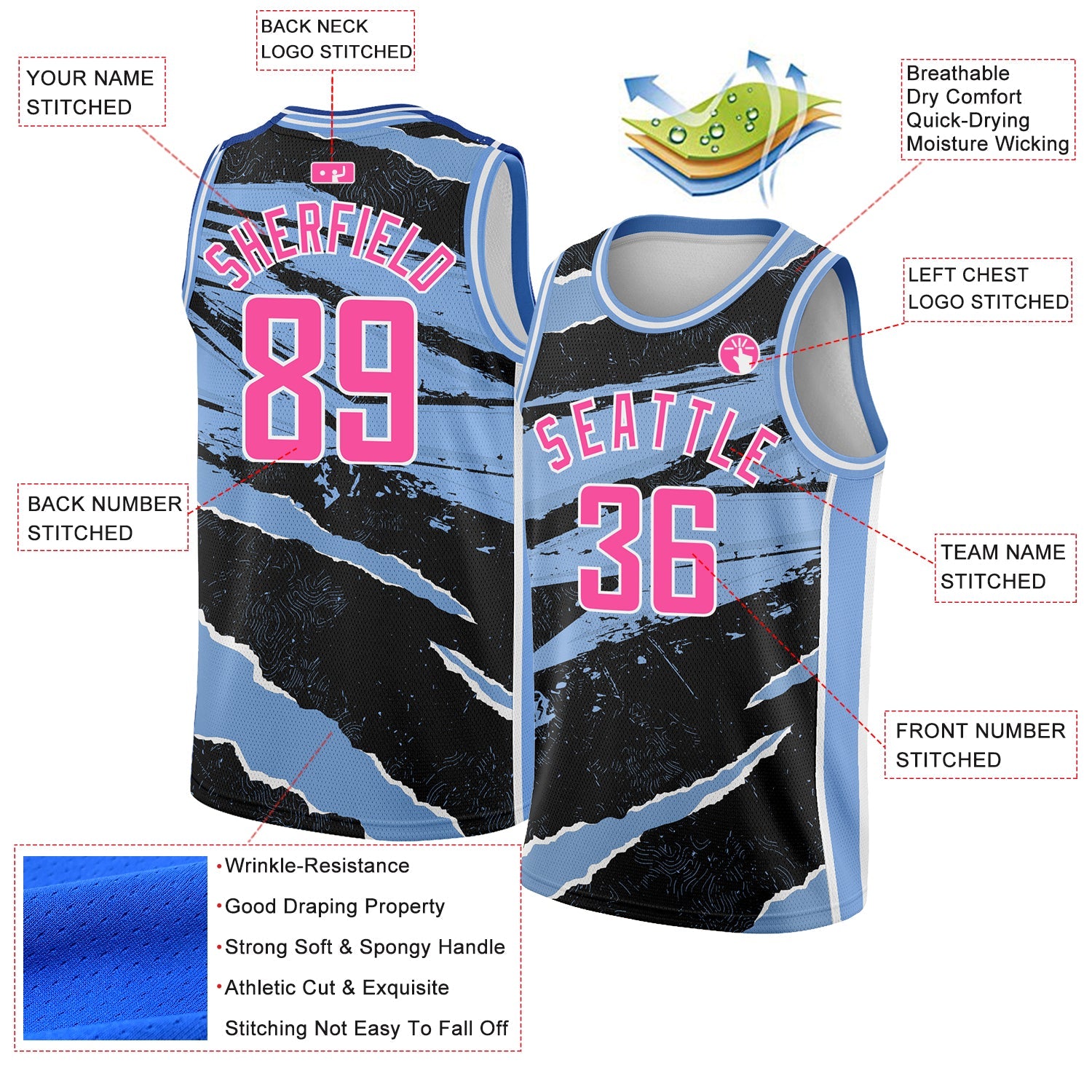 Custom Black Pink-Light Blue 3D Pattern Design Torn Paper Style Authentic Basketball Jersey view 2
