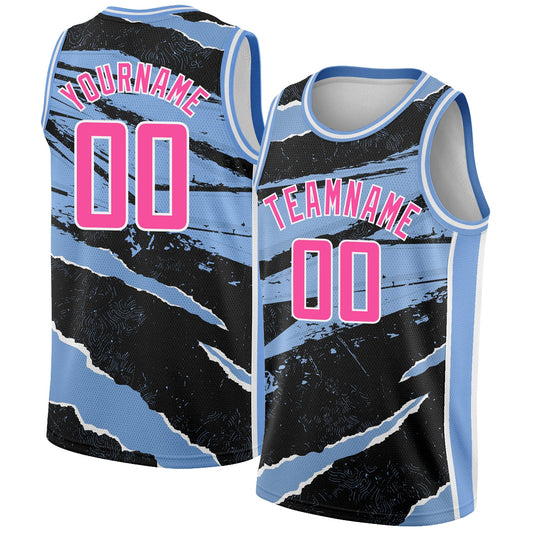 Custom Black Pink-Light Blue 3D Pattern Design Torn Paper Style Authentic Basketball Jersey - Main View