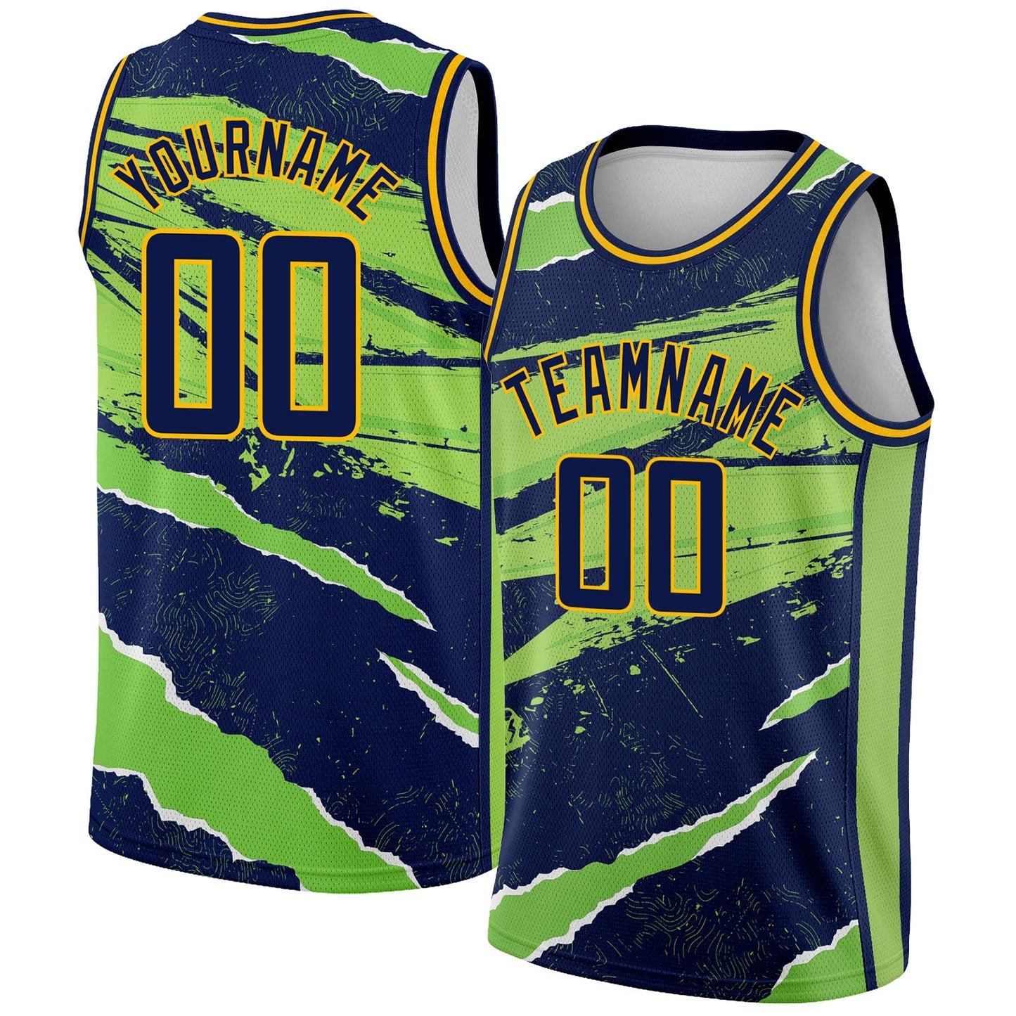 Custom Navy Neon Green-Gold 3D Pattern Design Torn Paper Style Authentic Basketball Jersey - Main View