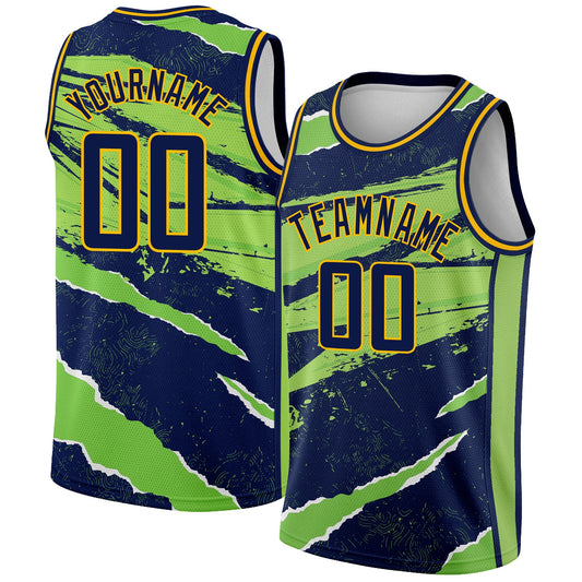 Custom Navy Neon Green-Gold 3D Pattern Design Torn Paper Style Authentic Basketball Jersey - Main View