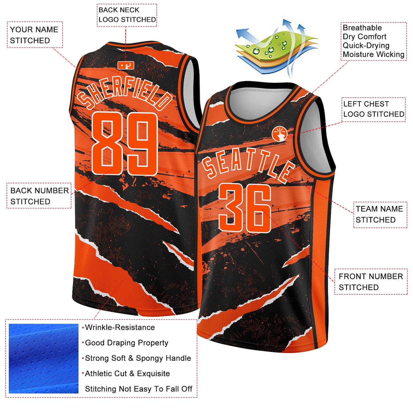 Custom Black Orange-White 3D Pattern Design Torn Paper Style Authentic Basketball Jersey view 2