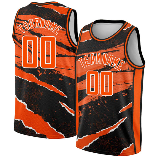 Custom Black Orange-White 3D Pattern Design Torn Paper Style Authentic Basketball Jersey - Main View