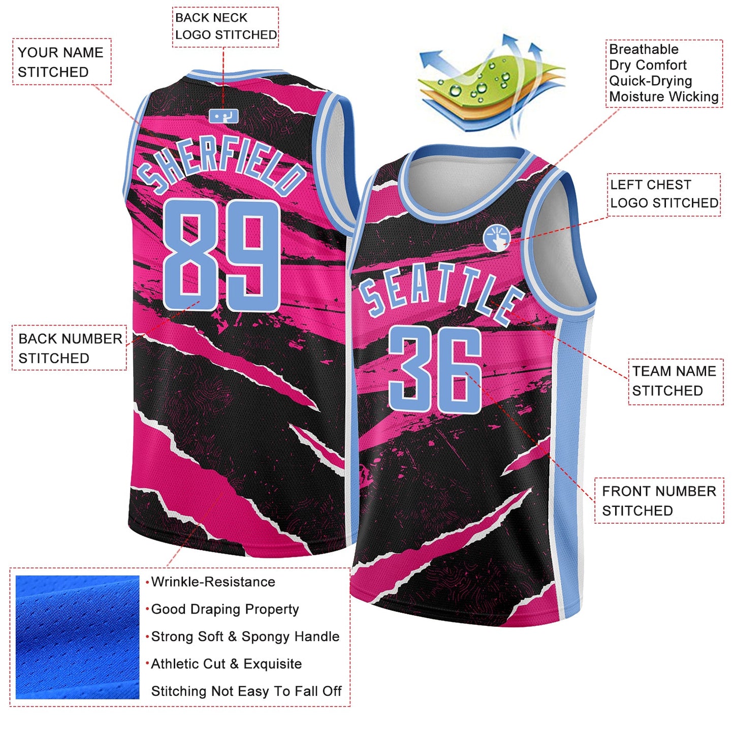 Custom Black Light Blue-Pink 3D Pattern Design Torn Paper Style Authentic Basketball Jersey view 2