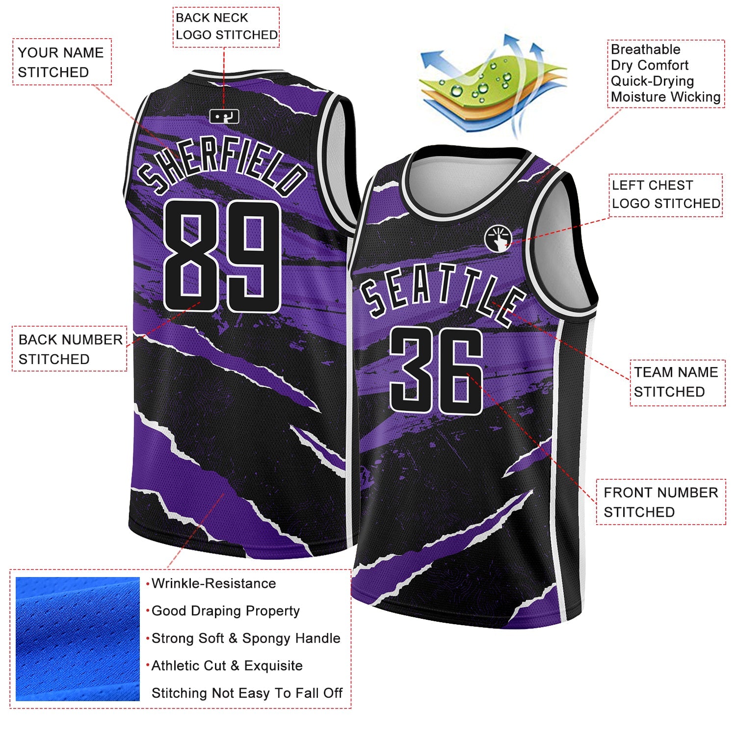 Custom Black Purple-White 3D Pattern Design Torn Paper Style Authentic Basketball Jersey view 2