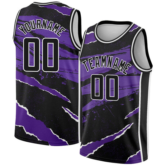 Custom Black Purple-White 3D Pattern Design Torn Paper Style Authentic Basketball Jersey - Main View