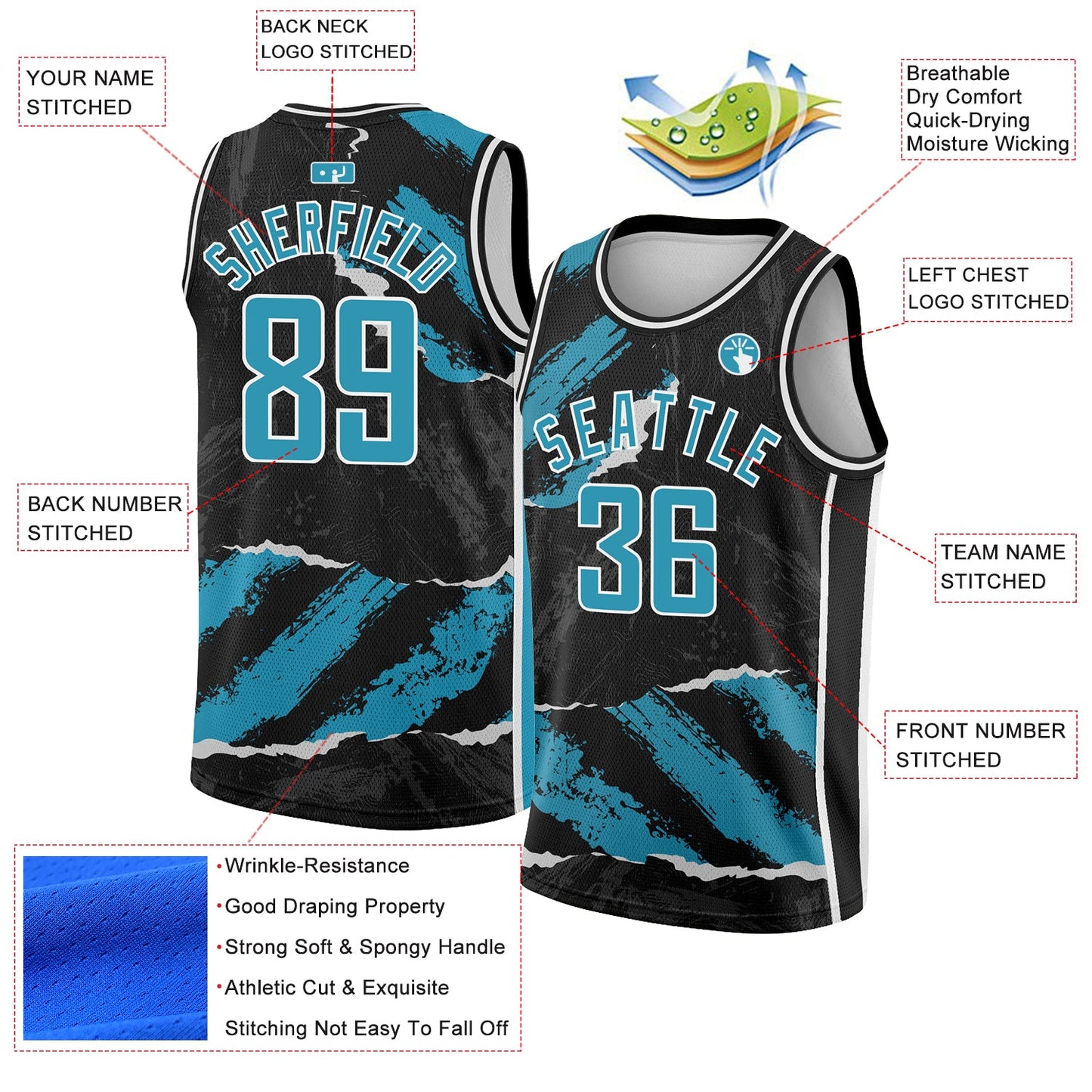 Custom Black Panther Blue-White 3D Pattern Design Torn Paper Style Authentic Basketball Jersey view 2