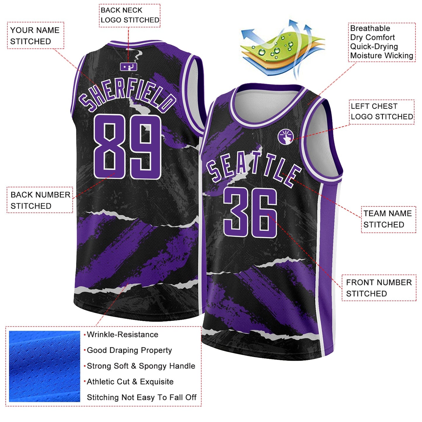 Custom Black Purple-White 3D Pattern Design Torn Paper Style Authentic Basketball Jersey view 2