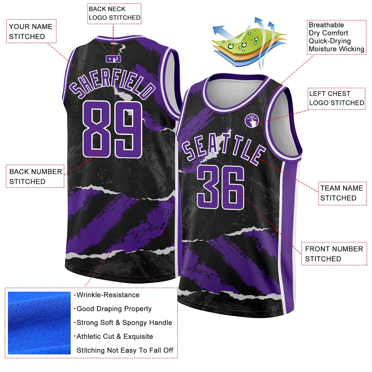 Custom Black Purple-White 3D Pattern Design Torn Paper Style Authentic Basketball Jersey view 2