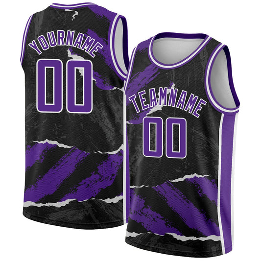 Custom Black Purple-White 3D Pattern Design Torn Paper Style Authentic Basketball Jersey - Main View