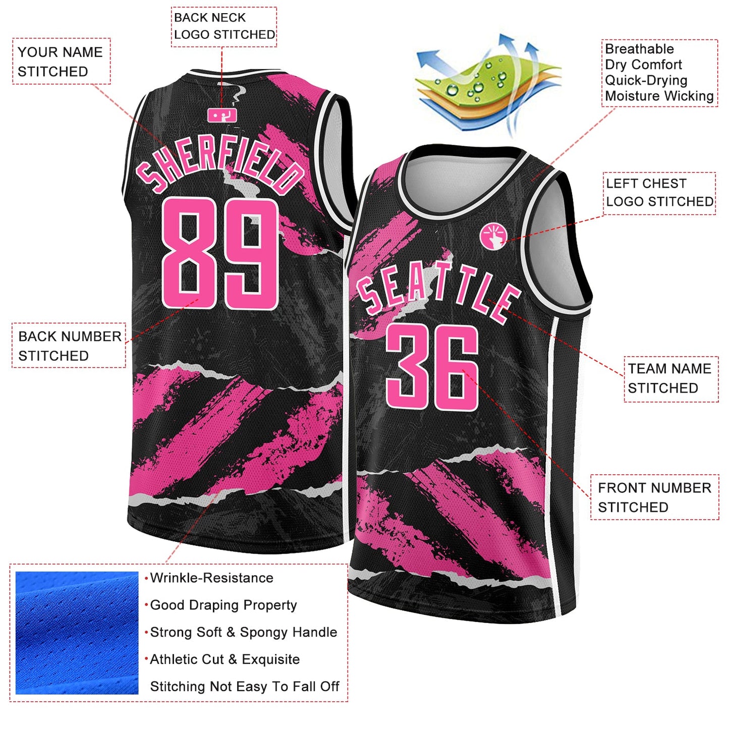 Custom Black Pink-White 3D Pattern Design Torn Paper Style Authentic Basketball Jersey view 2