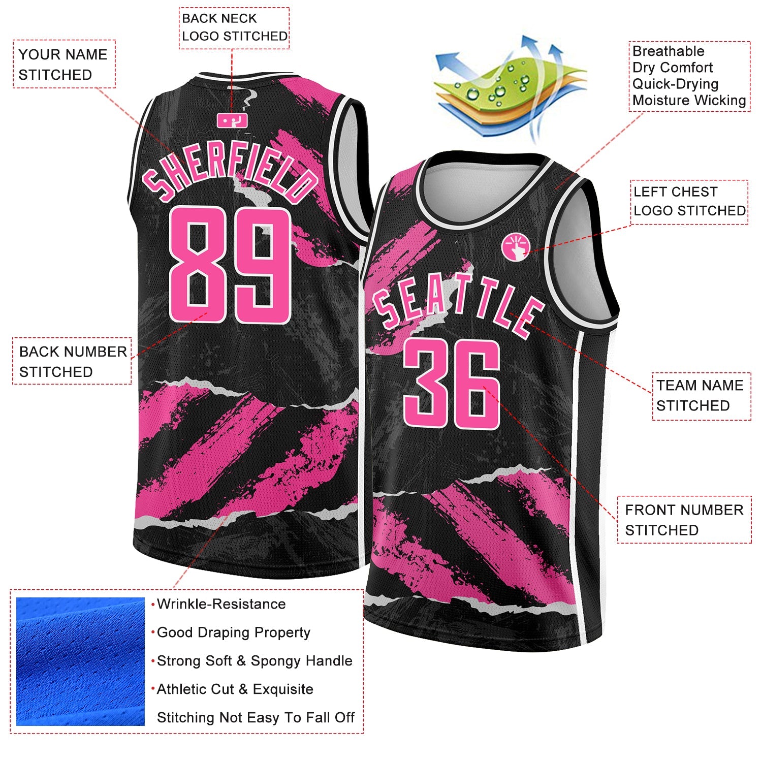 Custom Black Pink-White 3D Pattern Design Torn Paper Style Authentic Basketball Jersey view 2