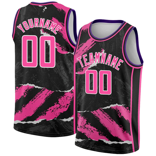 Custom Black Pink-White 3D Pattern Design Torn Paper Style Authentic Basketball Jersey - Main View