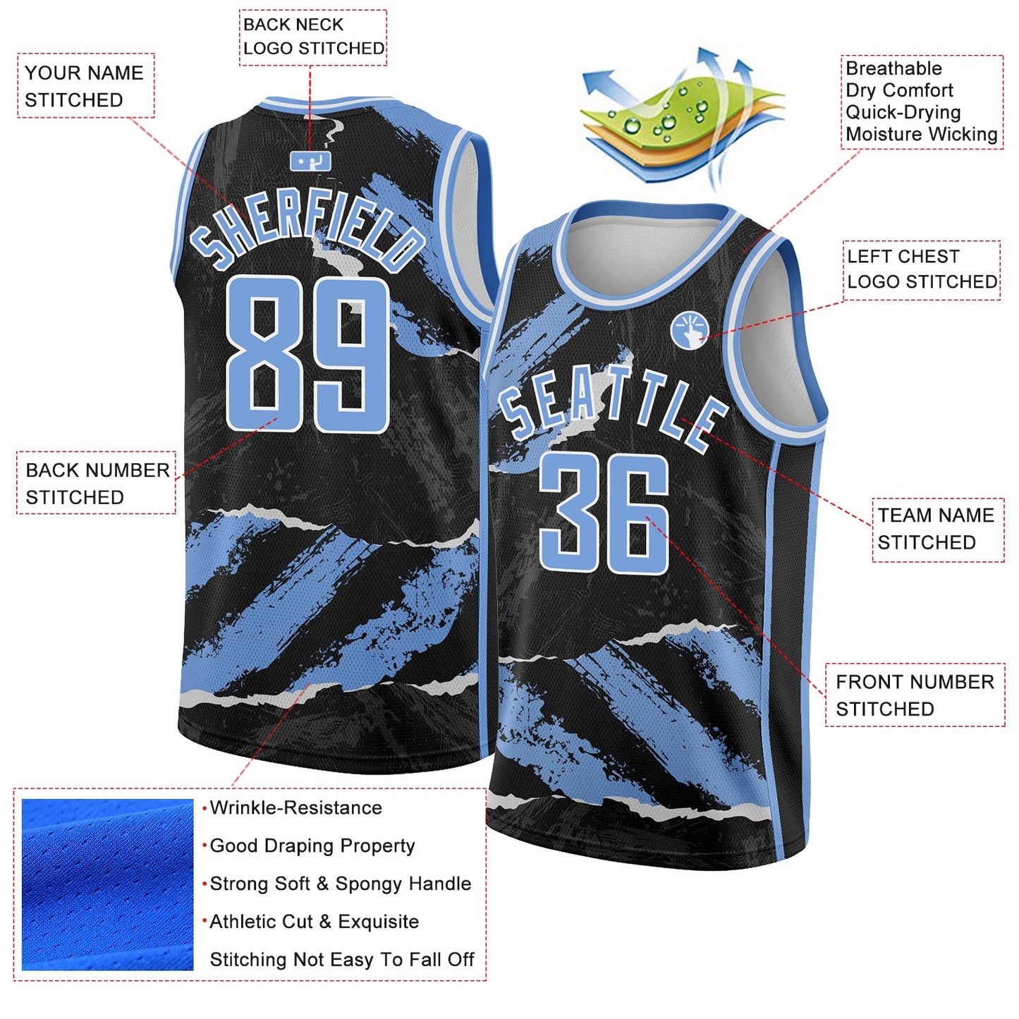 Custom Black Light Blue-White 3D Pattern Design Torn Paper Style Authentic Basketball Jersey view 2