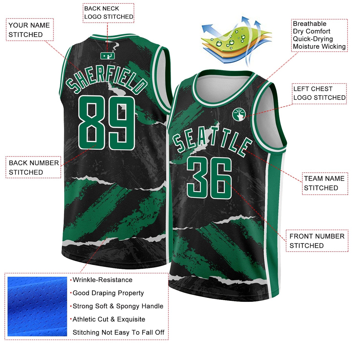 Custom Black Kelly Green-White 3D Pattern Design Torn Paper Style Authentic Basketball Jersey view 2
