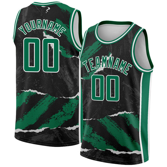 Custom Black Kelly Green-White 3D Pattern Design Torn Paper Style Authentic Basketball Jersey - Main View