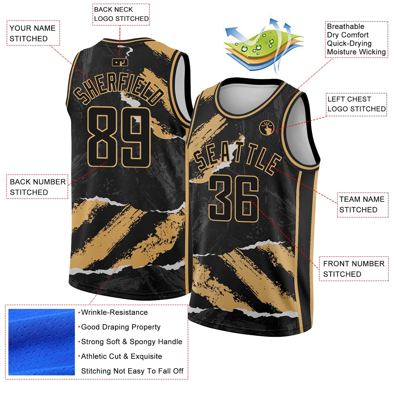 Custom Black Old Gold 3D Pattern Design Torn Paper Style Authentic Basketball Jersey view 2
