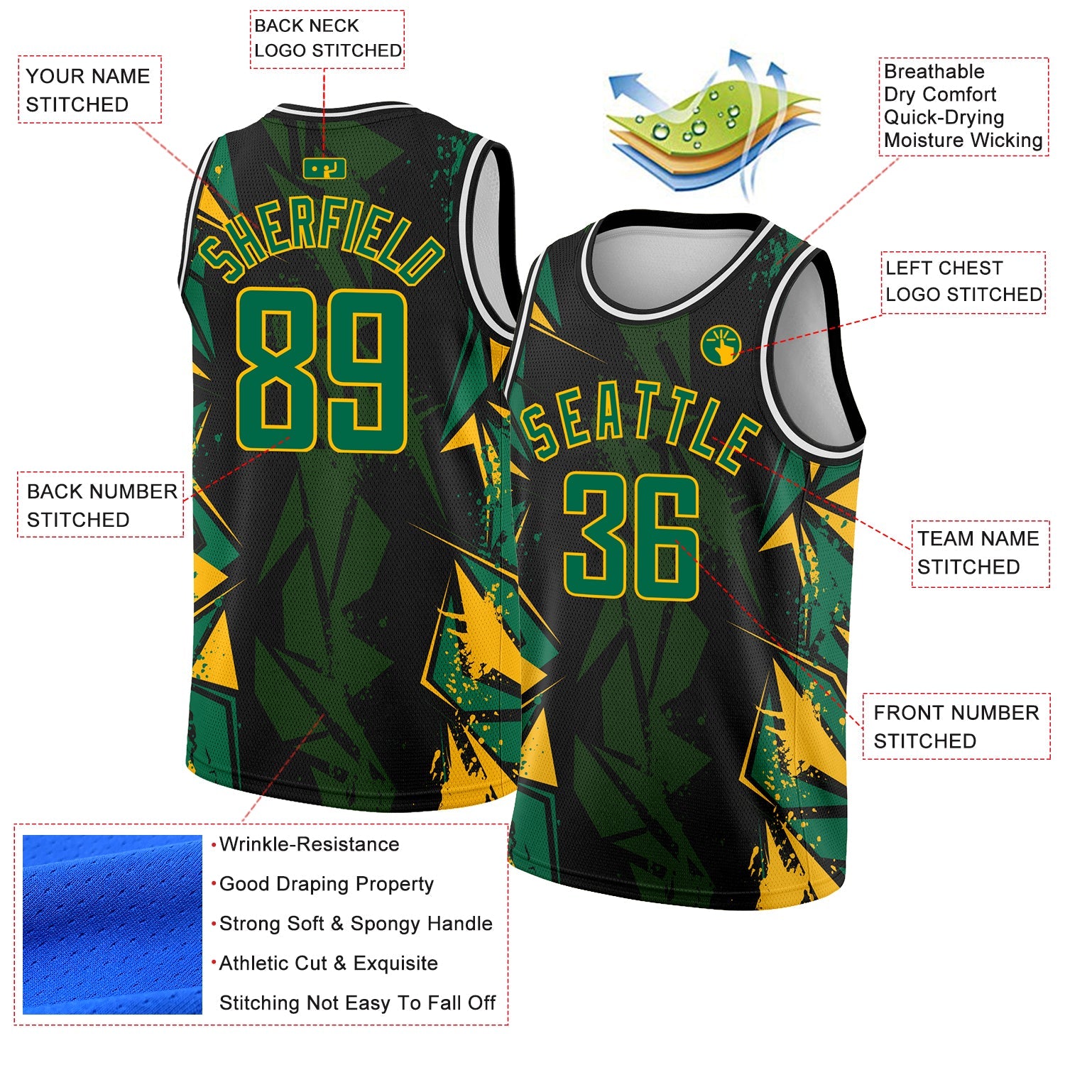 Custom Black Kelly Green-Gold 3D Pattern Design Geometric Shapes Authentic Basketball Jersey view 2