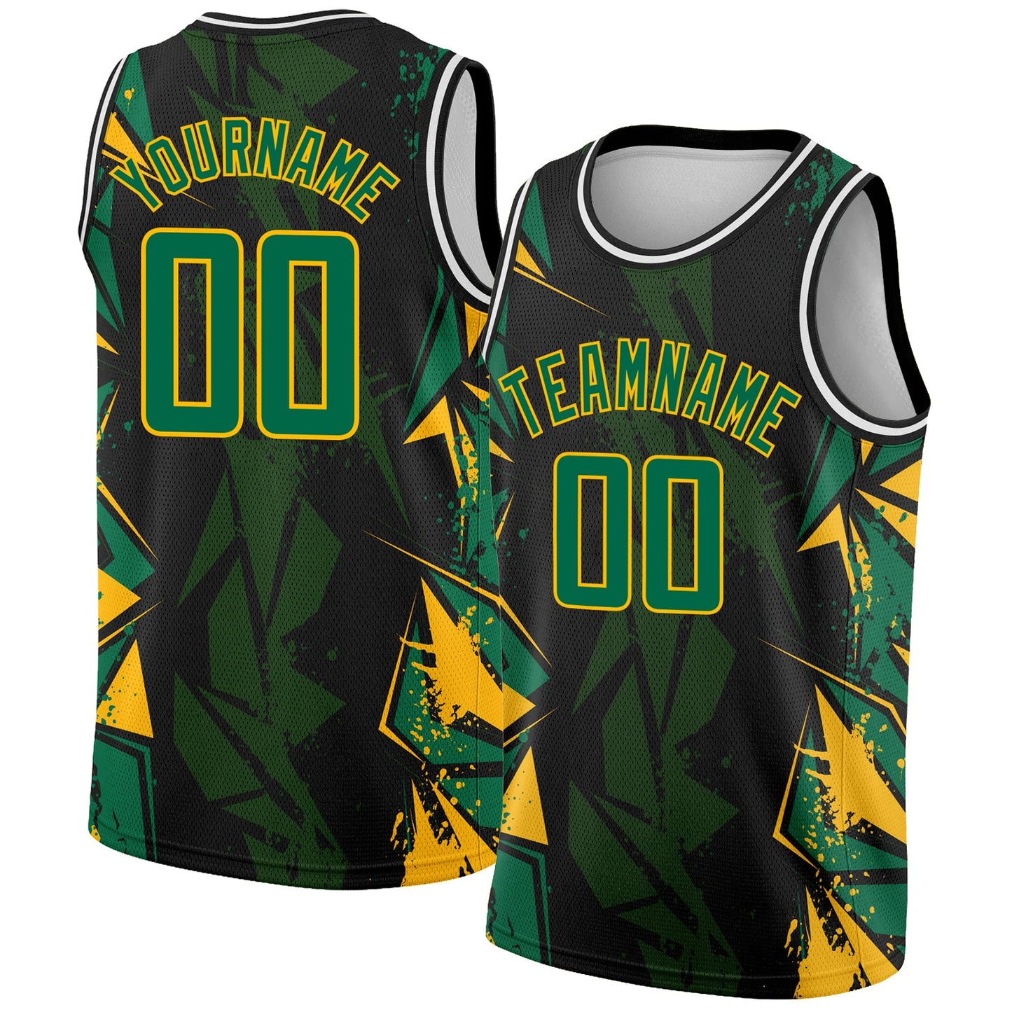 Custom Black Kelly Green-Gold 3D Pattern Design Geometric Shapes Authentic Basketball Jersey - Main View