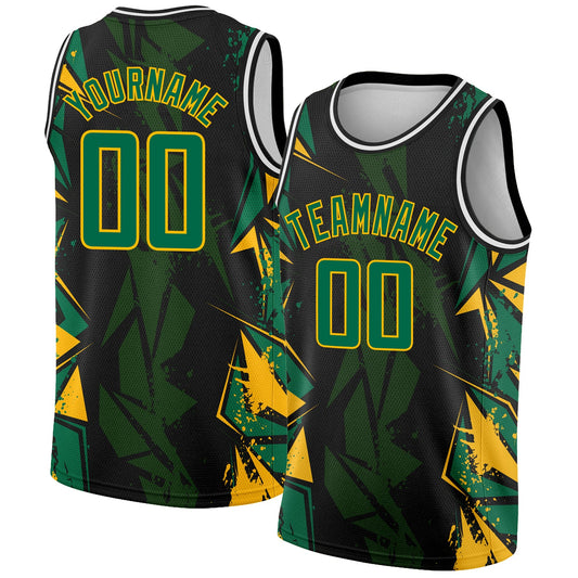 Custom Black Kelly Green-Gold 3D Pattern Design Geometric Shapes Authentic Basketball Jersey - Main View