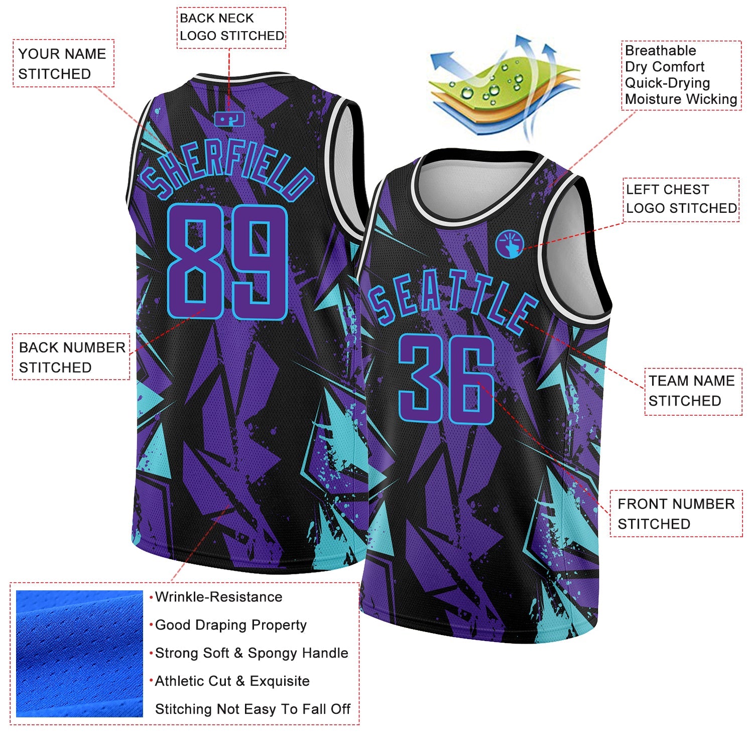 Custom Black Purple-Sky Blue 3D Pattern Design Geometric Shapes Authentic Basketball Jersey view 2