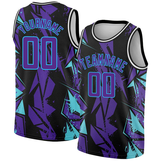 Custom Black Purple-Sky Blue 3D Pattern Design Geometric Shapes Authentic Basketball Jersey - Main View