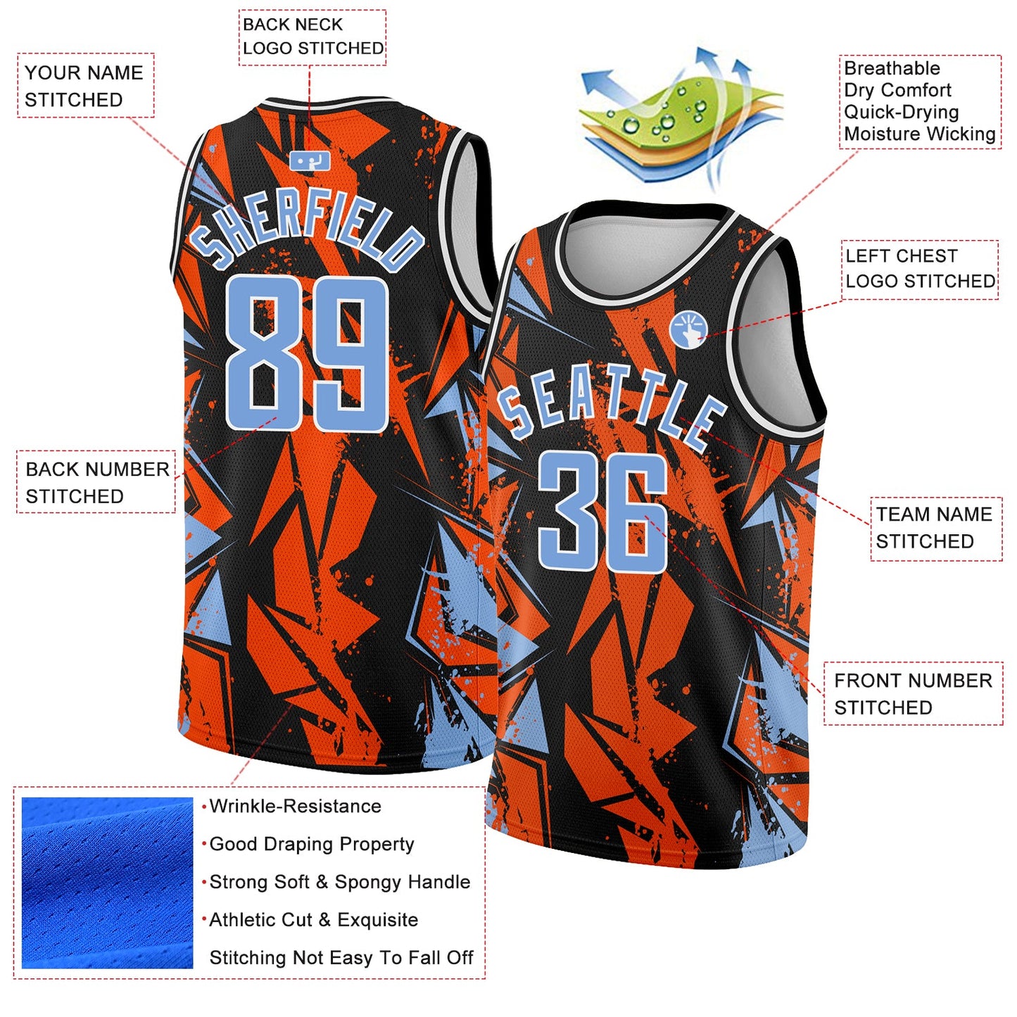 Custom Black Light Blue-Orange 3D Pattern Design Geometric Shapes Authentic Basketball Jersey view 2