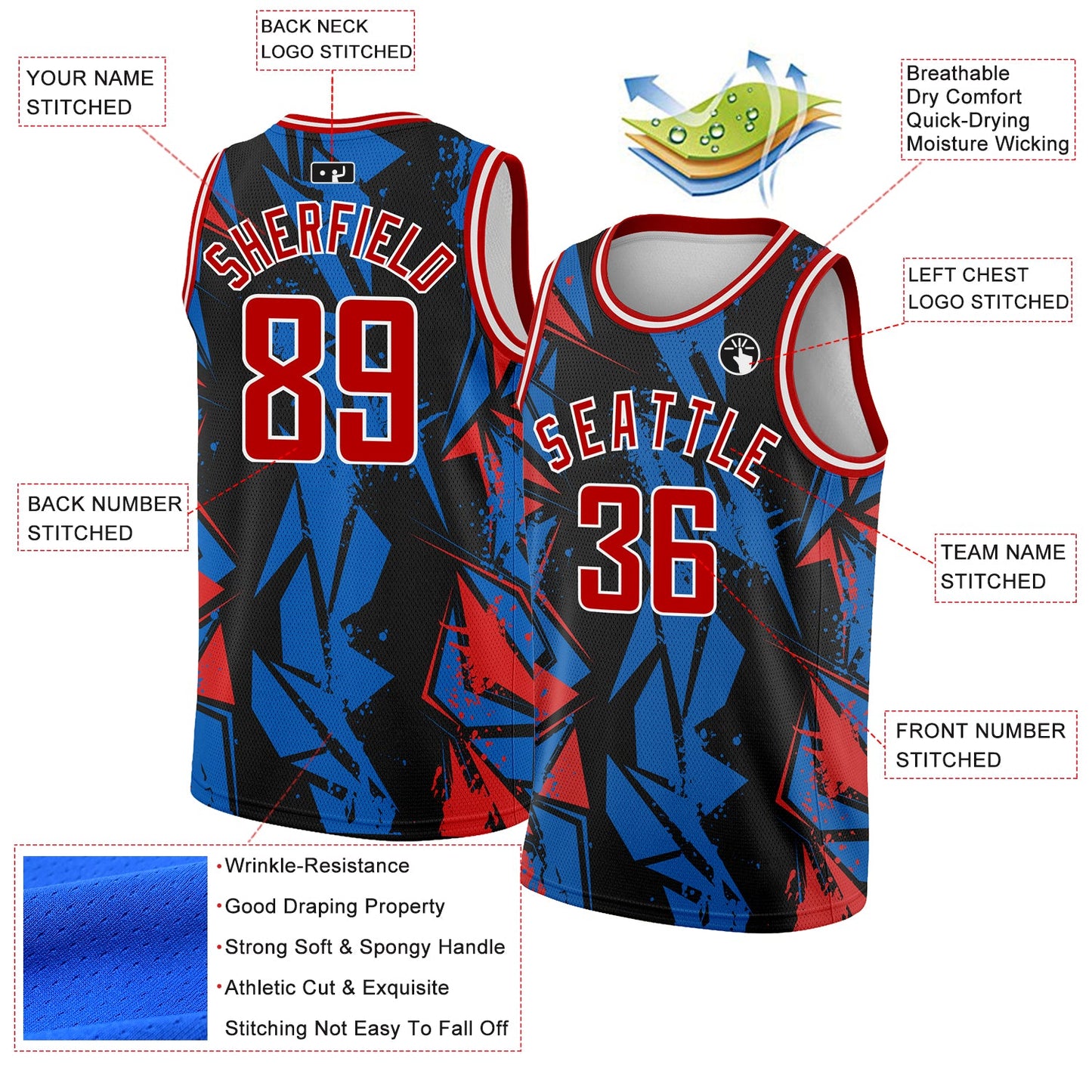 Custom Black Red-Blue 3D Pattern Design Geometric Shapes Authentic Basketball Jersey view 2