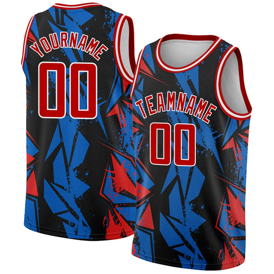 Custom Black Red-Blue 3D Pattern Design Geometric Shapes Authentic Basketball Jersey - Main View