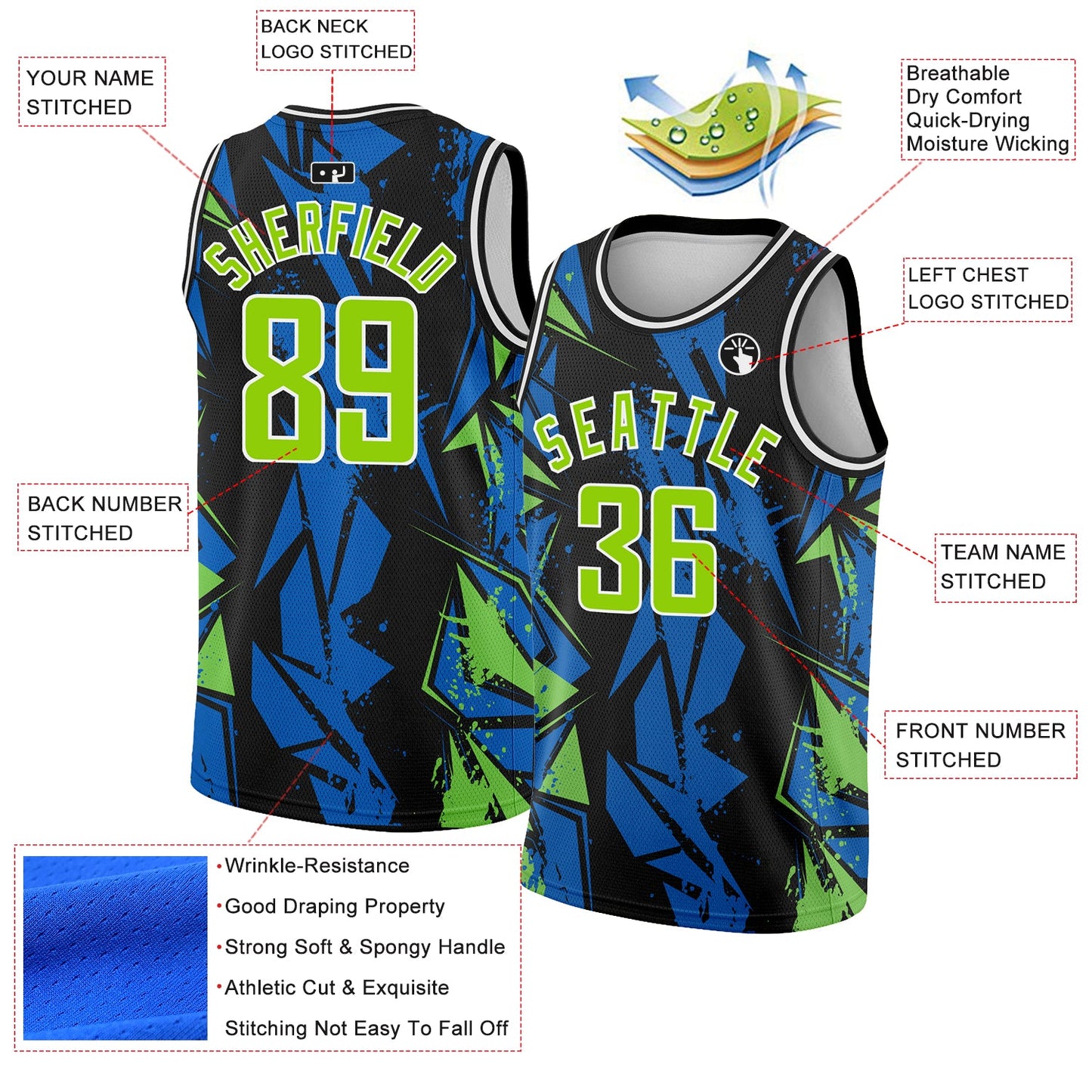 Custom Black Neon Green-Blue 3D Pattern Design Geometric Shapes Authentic Basketball Jersey view 2