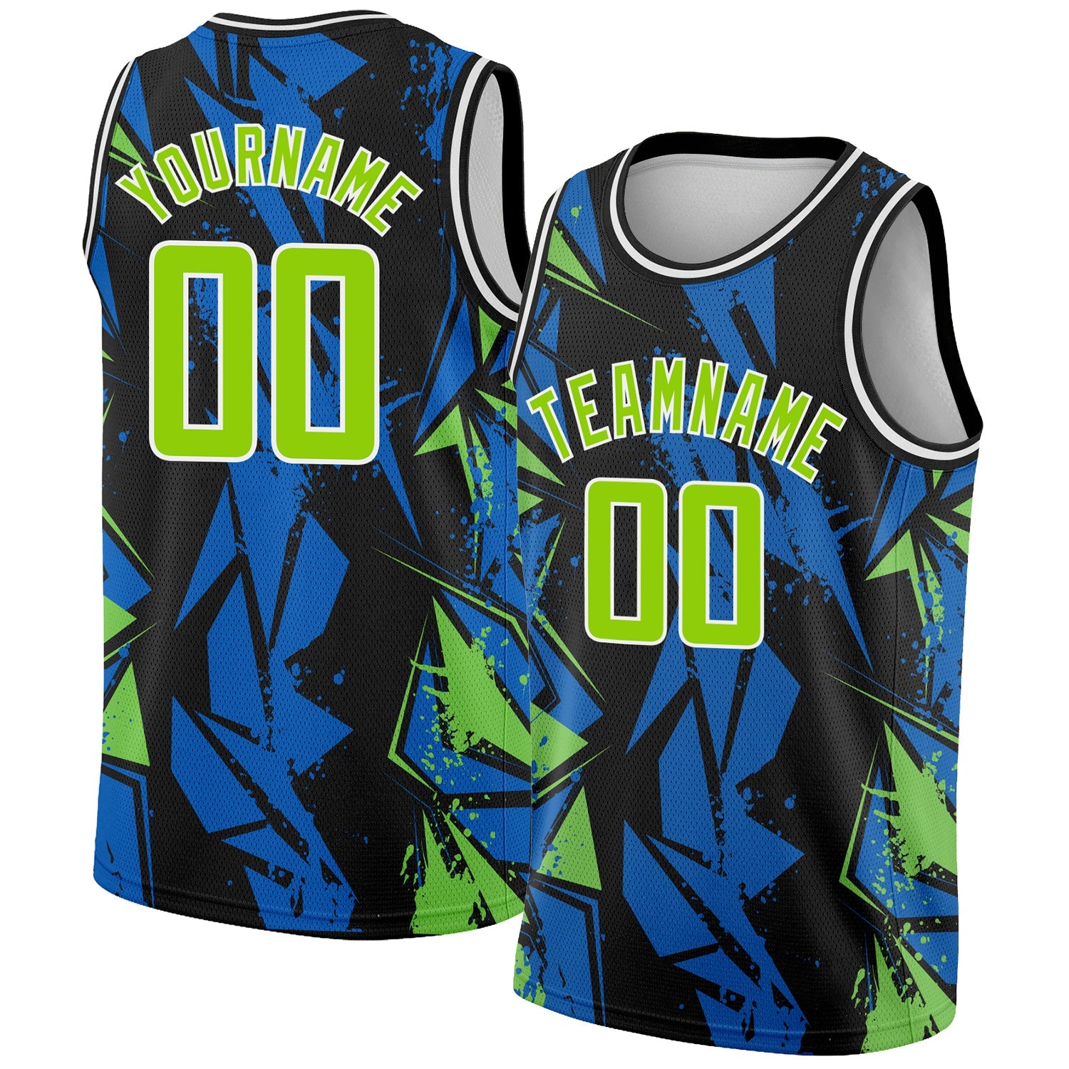 Custom Black Neon Green-Blue 3D Pattern Design Geometric Shapes Authentic Basketball Jersey - Main View