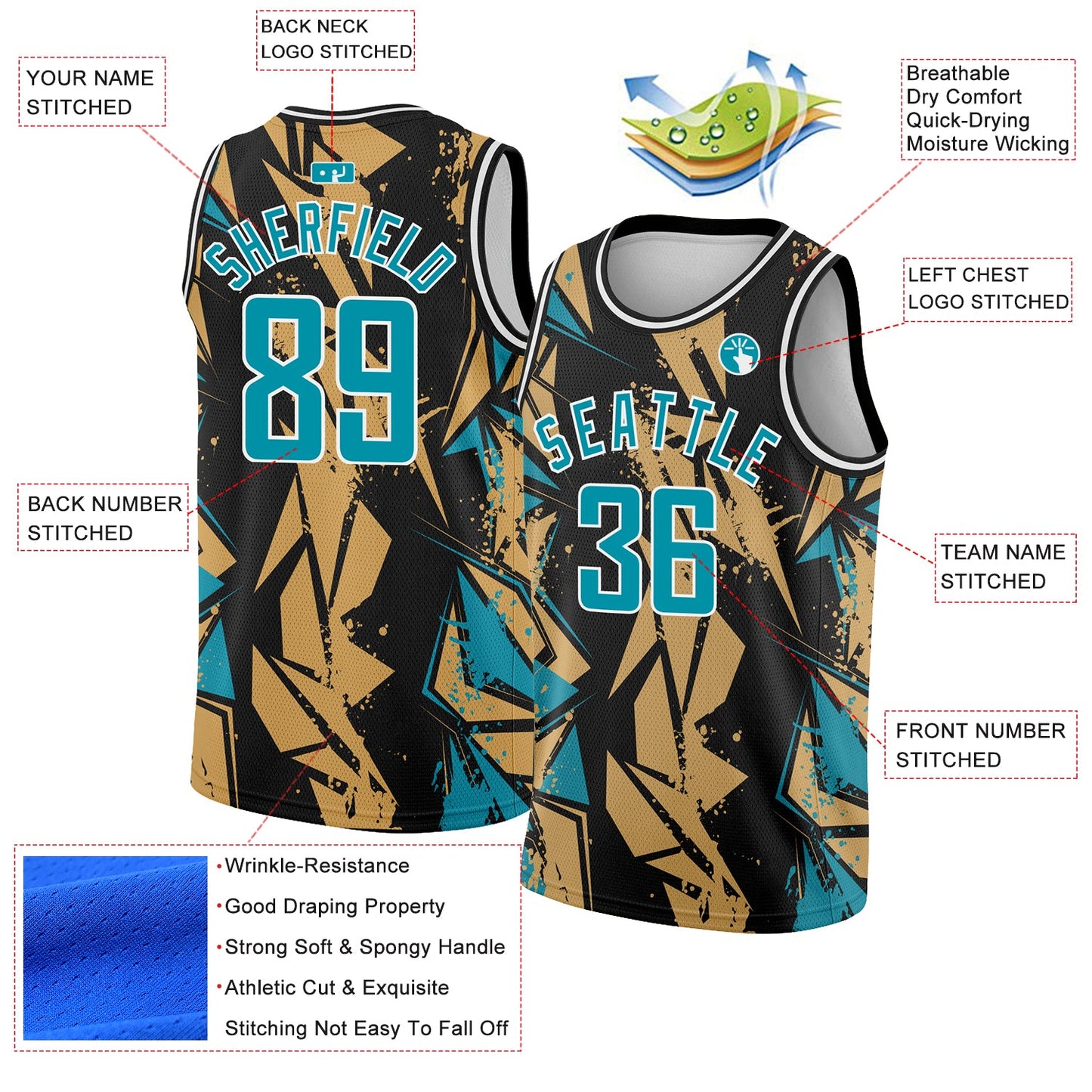Custom Black Panther Blue-Old Gold 3D Pattern Design Geometric Shapes Authentic Basketball Jersey view 2