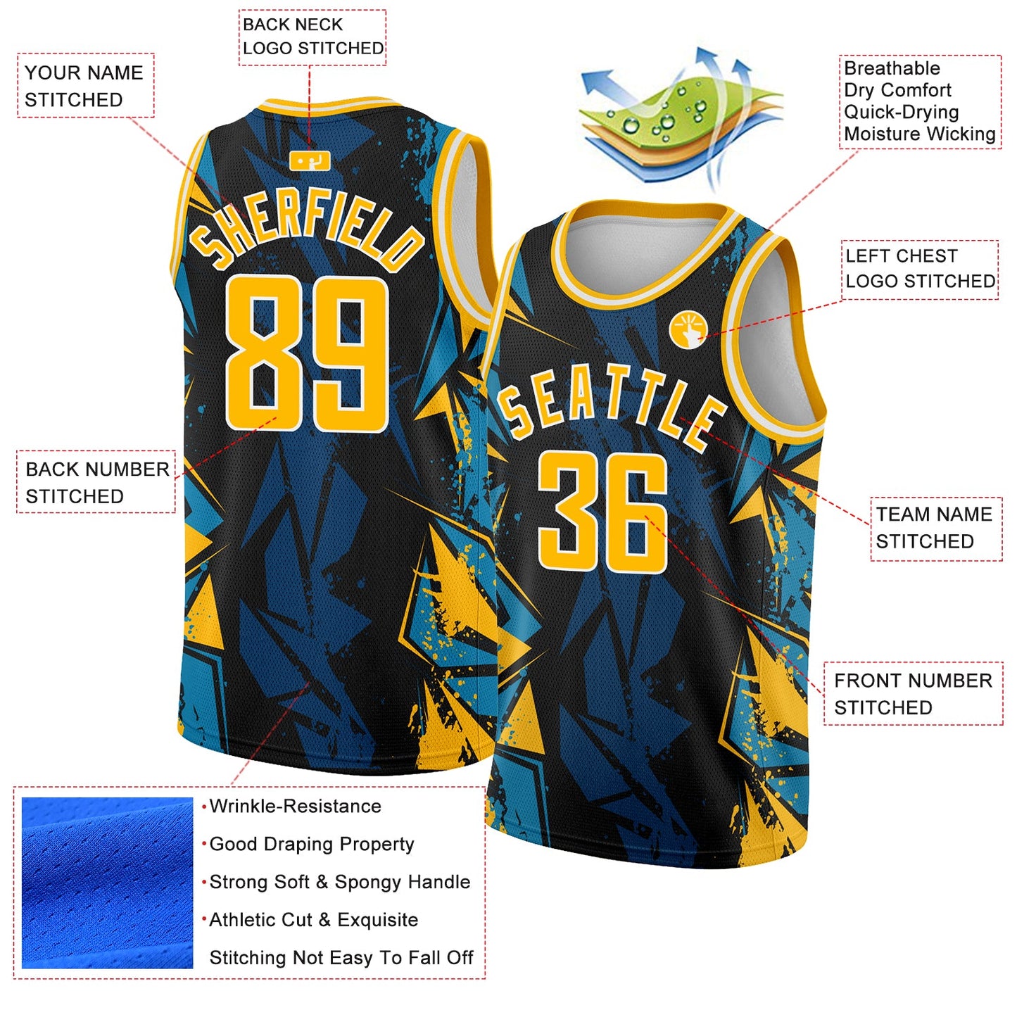 Custom Black Gold-Blue 3D Pattern Design Geometric Shapes Authentic Basketball Jersey view 2