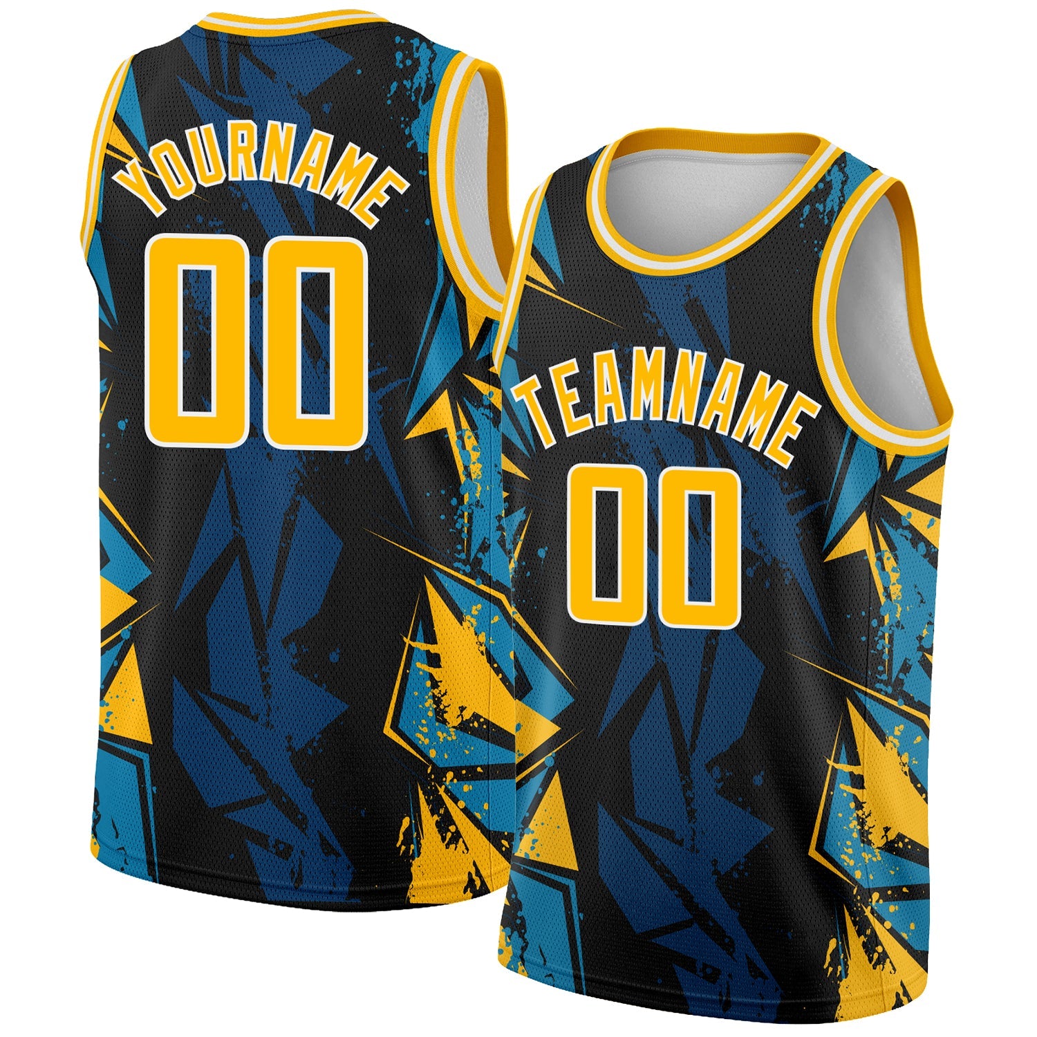 Custom Black Gold-Blue 3D Pattern Design Geometric Shapes Authentic Basketball Jersey - Main View
