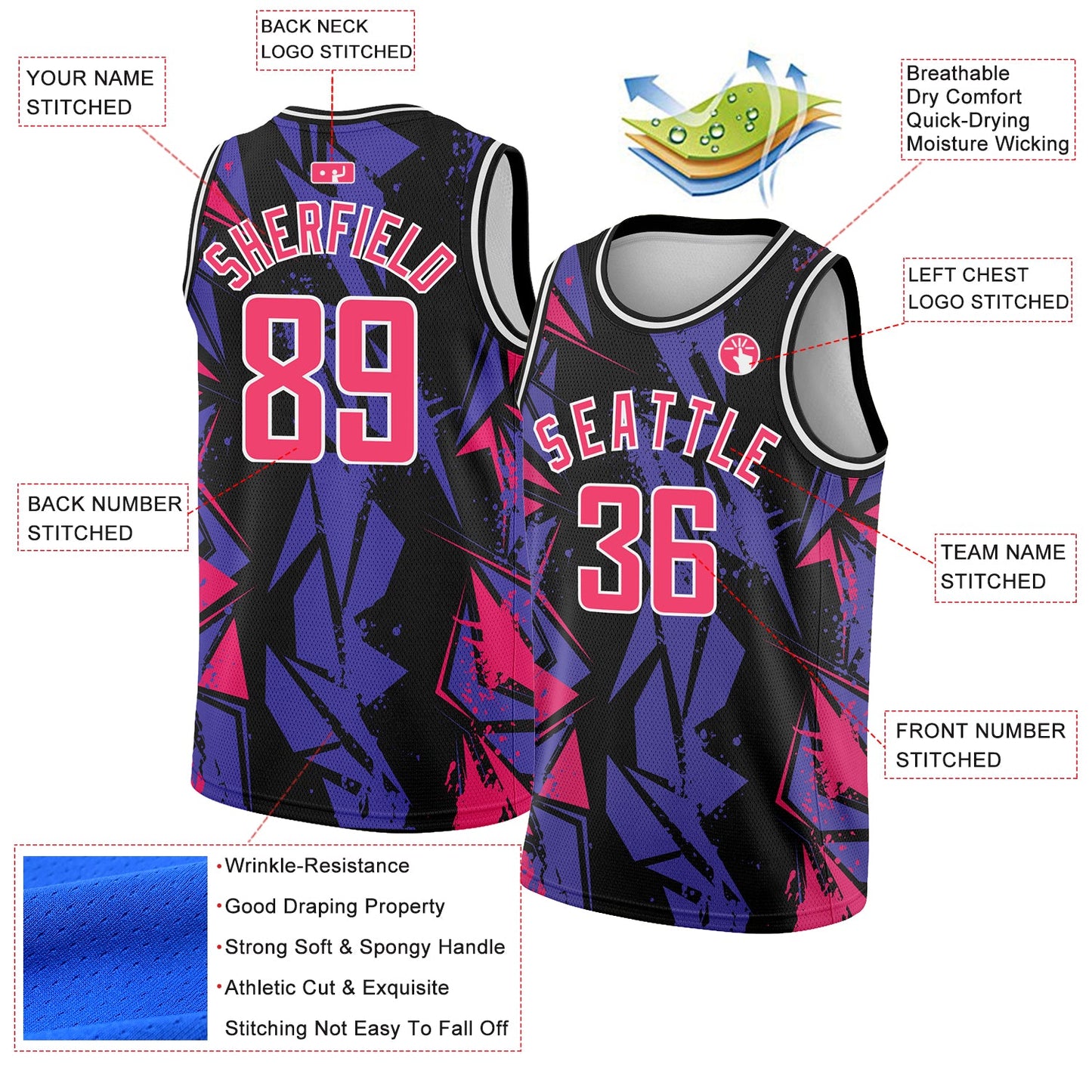 Custom Black Pink-Purple 3D Pattern Design Geometric Shapes Authentic Basketball Jersey view 2