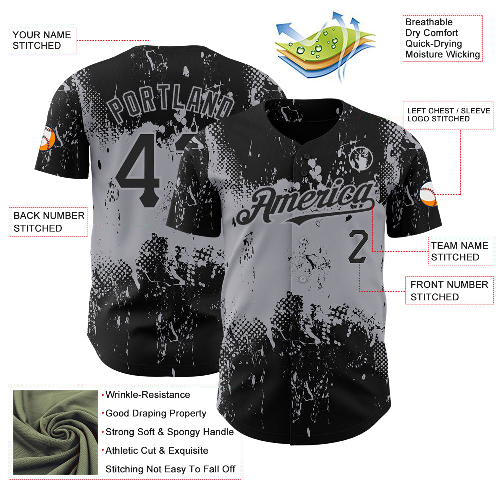 Custom Black Gray 3D Pattern Design Abstract Splatter Grunge Art Authentic Baseball Jersey view 3