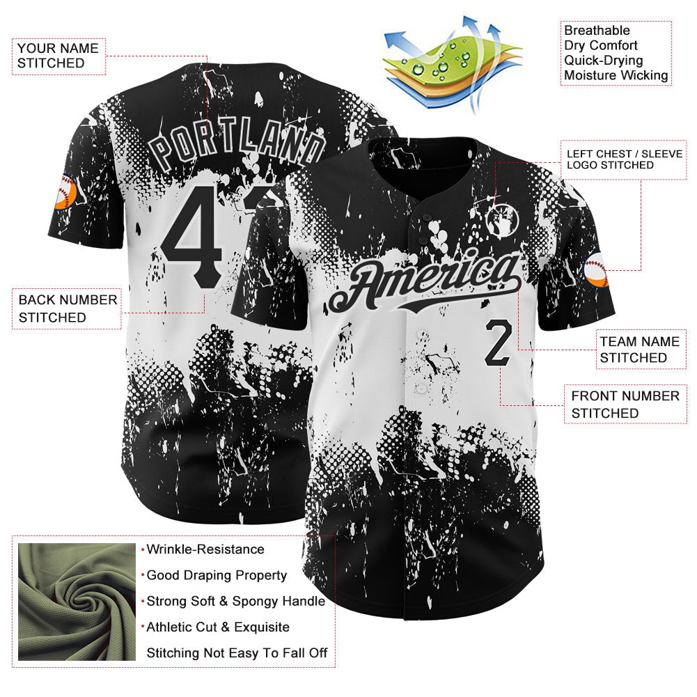 Custom Black White 3D Pattern Design Abstract Splatter Grunge Art Authentic Baseball Jersey view 3