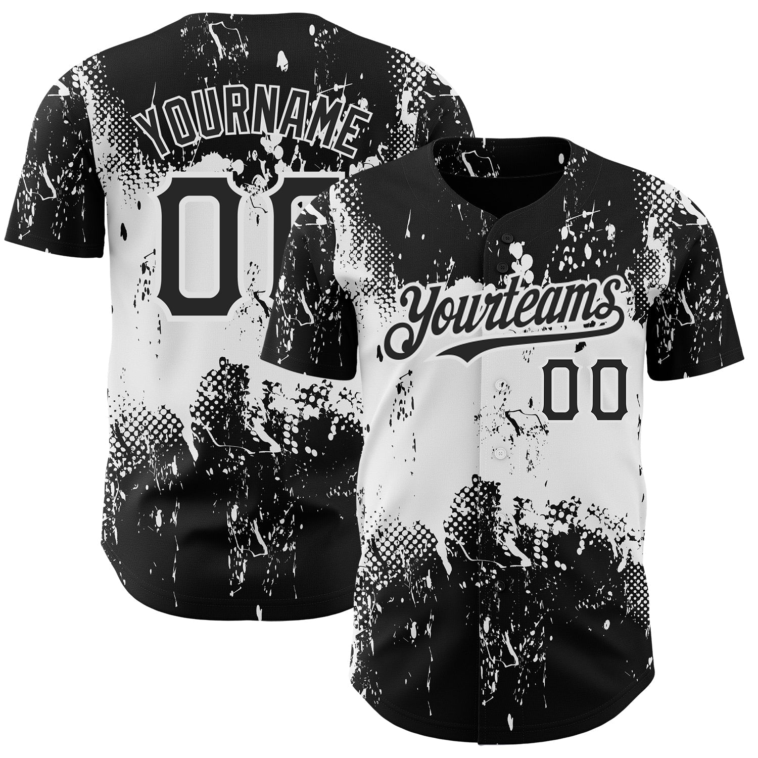 Custom Black White 3D Pattern Design Abstract Splatter Grunge Art Authentic Baseball Jersey - Main View
