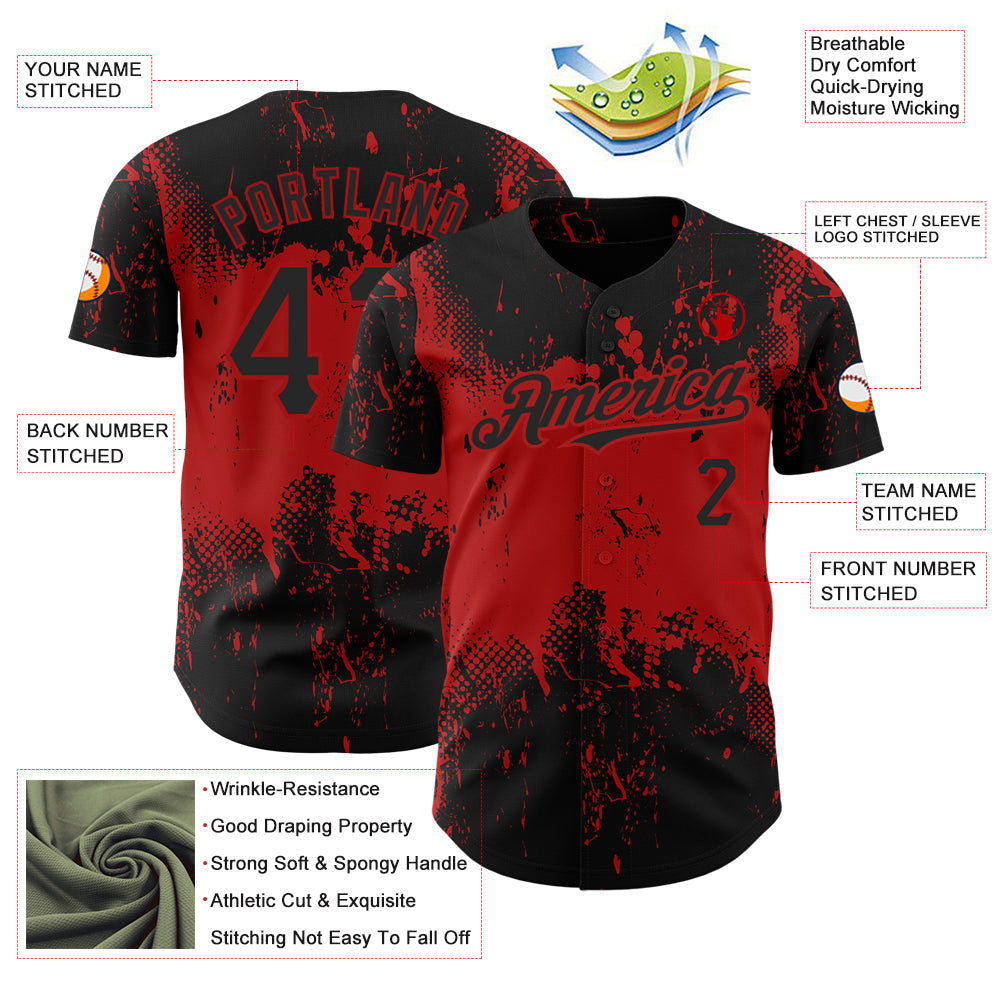 Custom Black Red 3D Pattern Design Abstract Splatter Grunge Art Authentic Baseball Jersey view 3