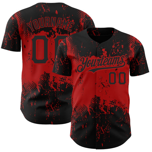 Custom Black Red 3D Pattern Design Abstract Splatter Grunge Art Authentic Baseball Jersey - Main View