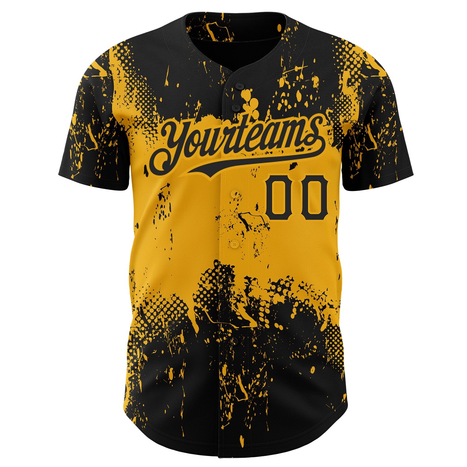 Custom Black Gold 3D Pattern Design Abstract Splatter Grunge Art Authentic Baseball Jersey view 2