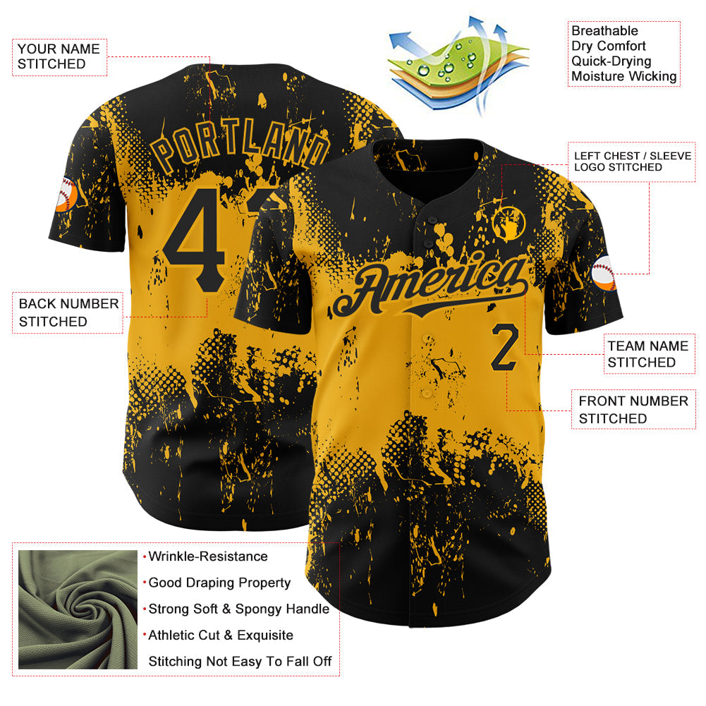 Custom Black Gold 3D Pattern Design Abstract Splatter Grunge Art Authentic Baseball Jersey view 3