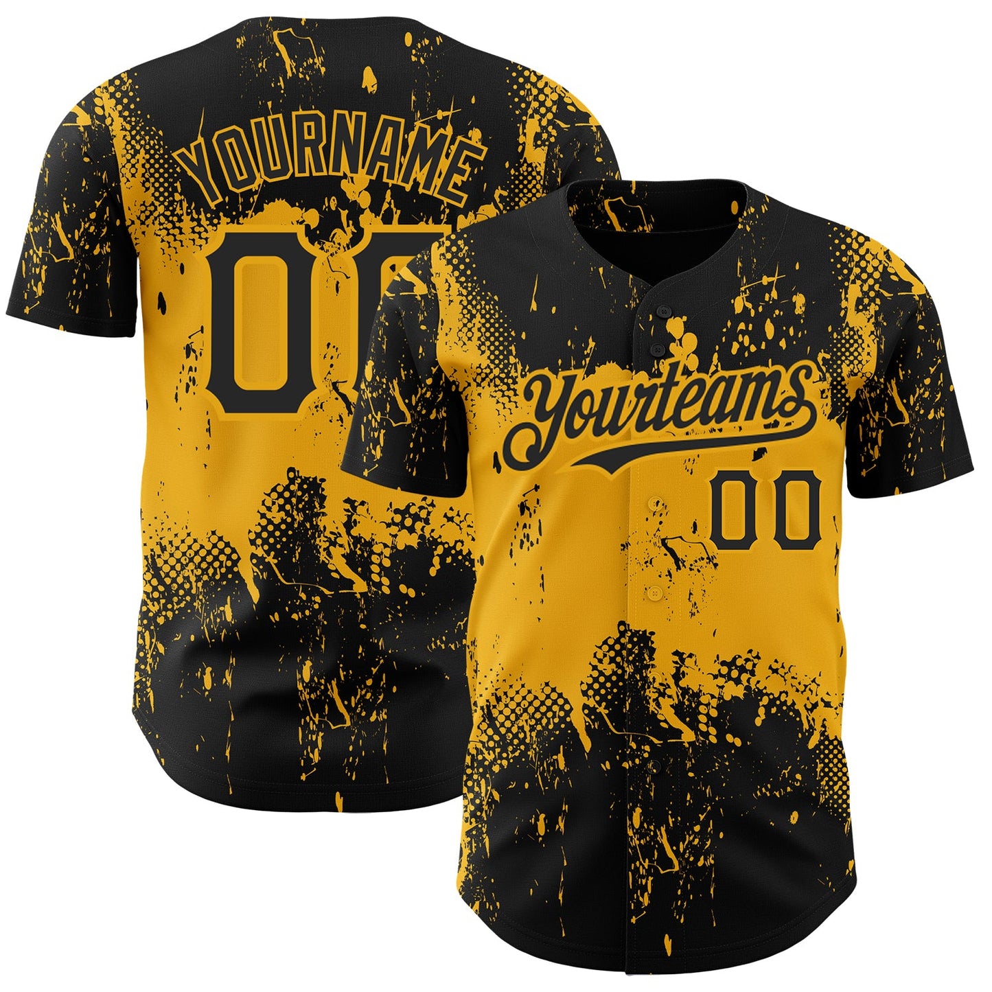 Custom Black Gold 3D Pattern Design Abstract Splatter Grunge Art Authentic Baseball Jersey - Main View
