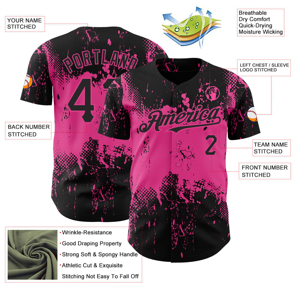 Custom Black Pink 3D Pattern Design Abstract Splatter Grunge Art Authentic Baseball Jersey view 3