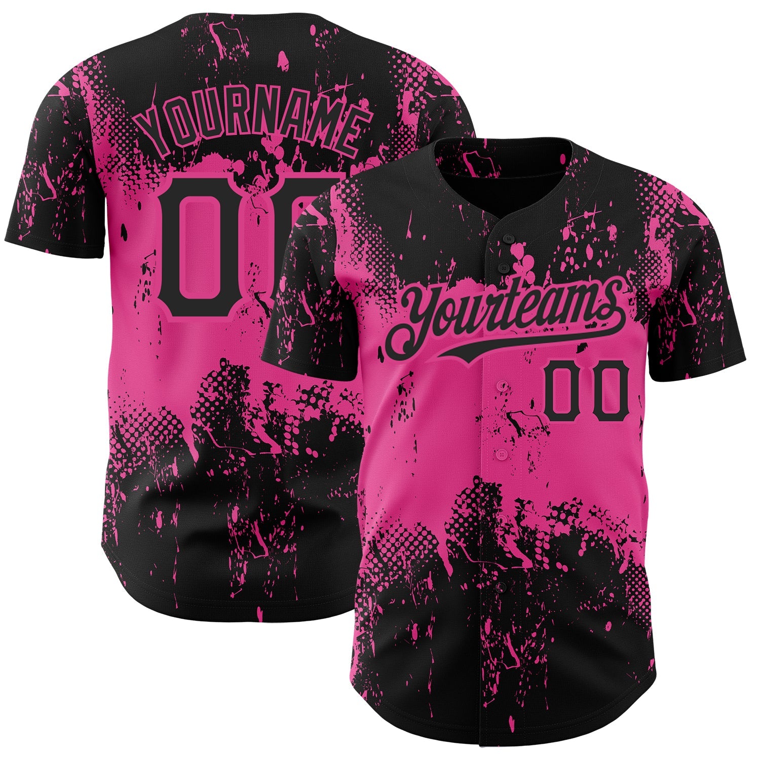 Custom Black Pink 3D Pattern Design Abstract Splatter Grunge Art Authentic Baseball Jersey - Main View
