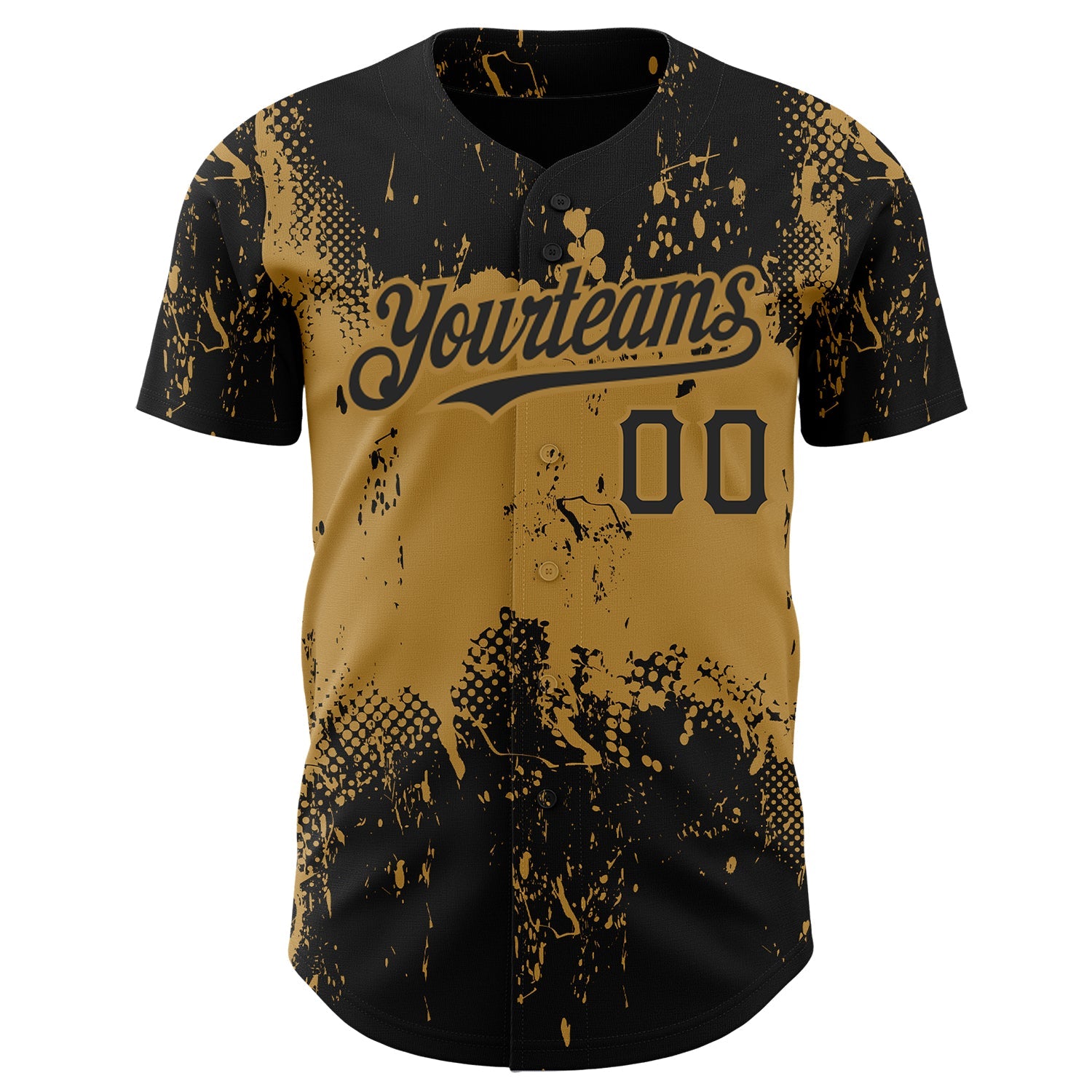Custom Black Old Gold 3D Pattern Design Abstract Splatter Grunge Art Authentic Baseball Jersey view 2