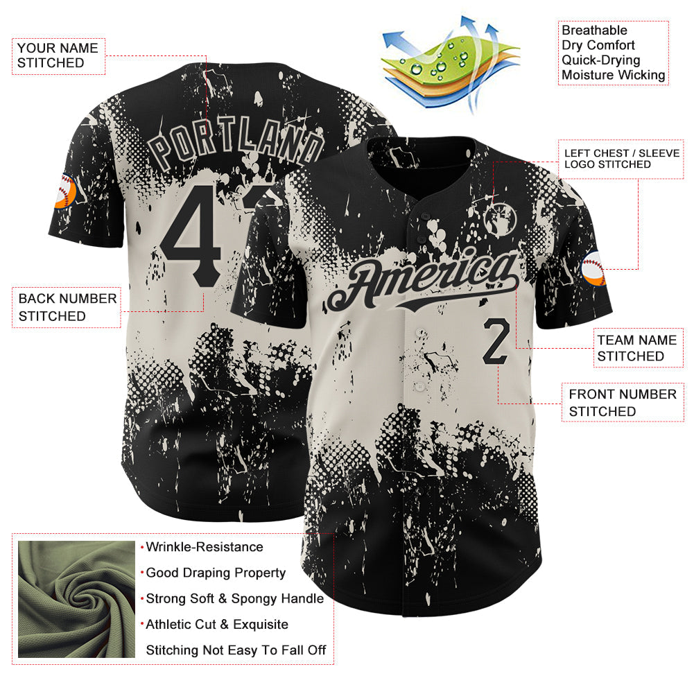 Custom Black Cream 3D Pattern Design Abstract Splatter Grunge Art Authentic Baseball Jersey view 3