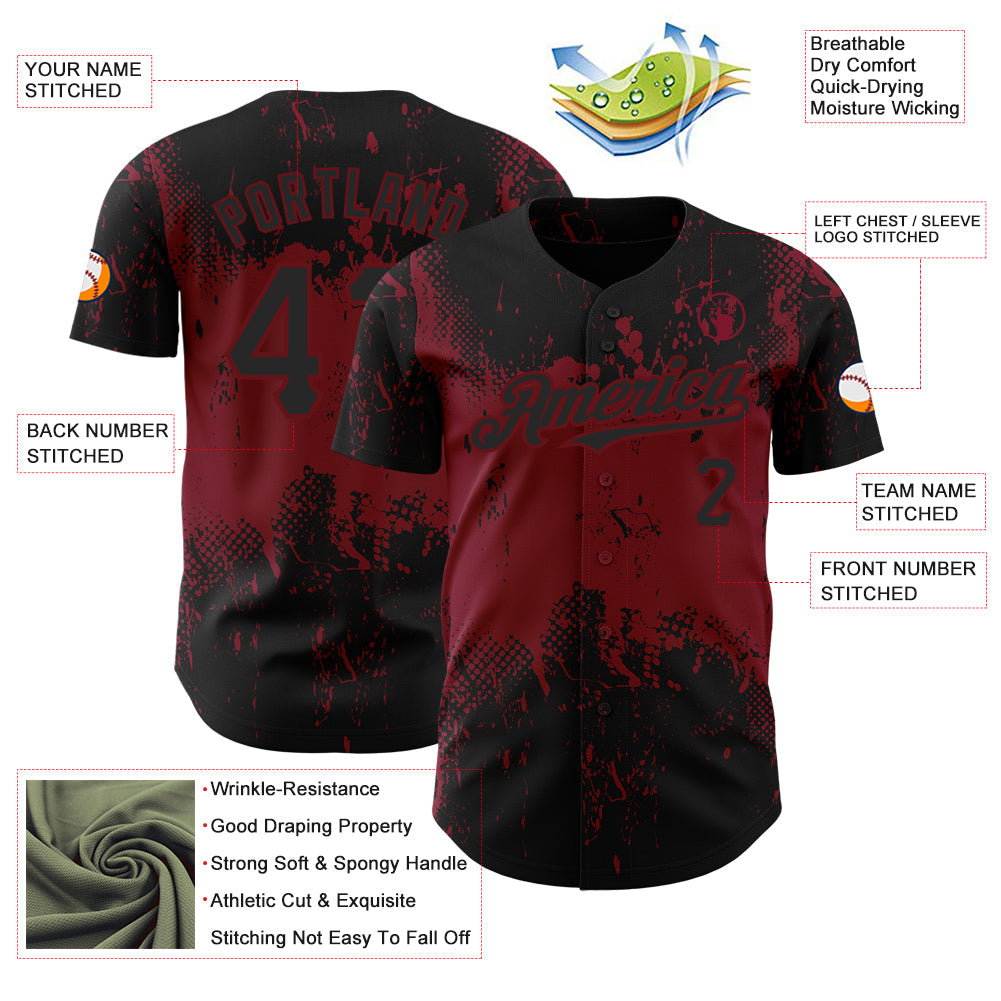 Custom Black Crimson 3D Pattern Design Abstract Splatter Grunge Art Authentic Baseball Jersey view 3