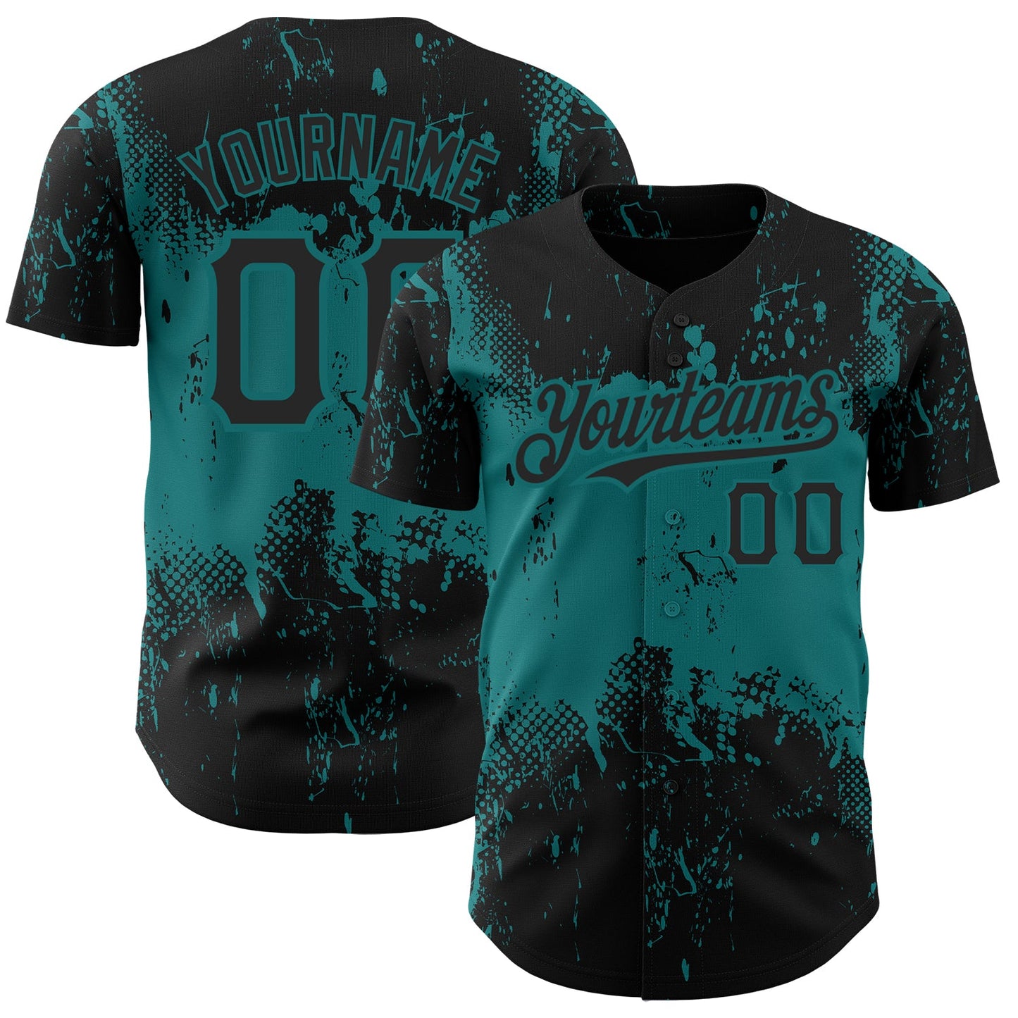 Custom Black Teal 3D Pattern Design Abstract Splatter Grunge Art Authentic Baseball Jersey - Main View