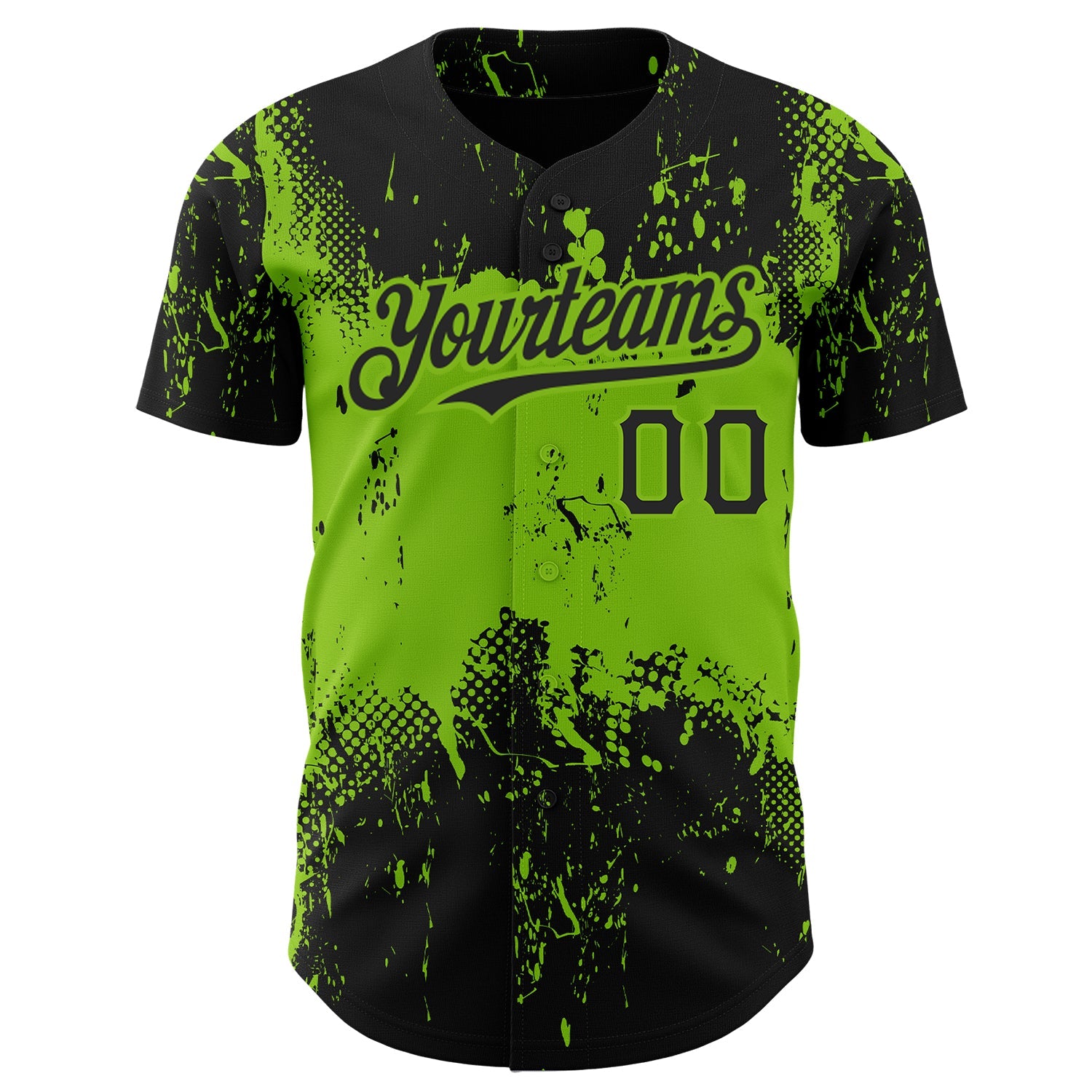 Custom Black Neon Green 3D Pattern Design Abstract Splatter Grunge Art Authentic Baseball Jersey view 2