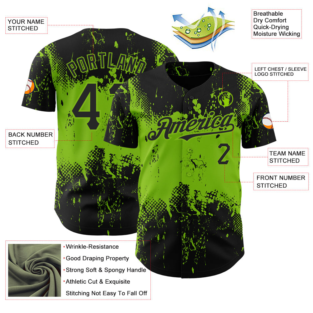 Custom Black Neon Green 3D Pattern Design Abstract Splatter Grunge Art Authentic Baseball Jersey view 3